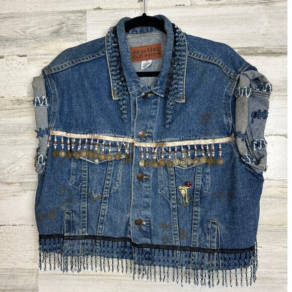 Reliq Denim Womens Medium Blue Jean Fringe Crop Vest Jacket Boho Rockstar Boho - Picture 1 of 6
